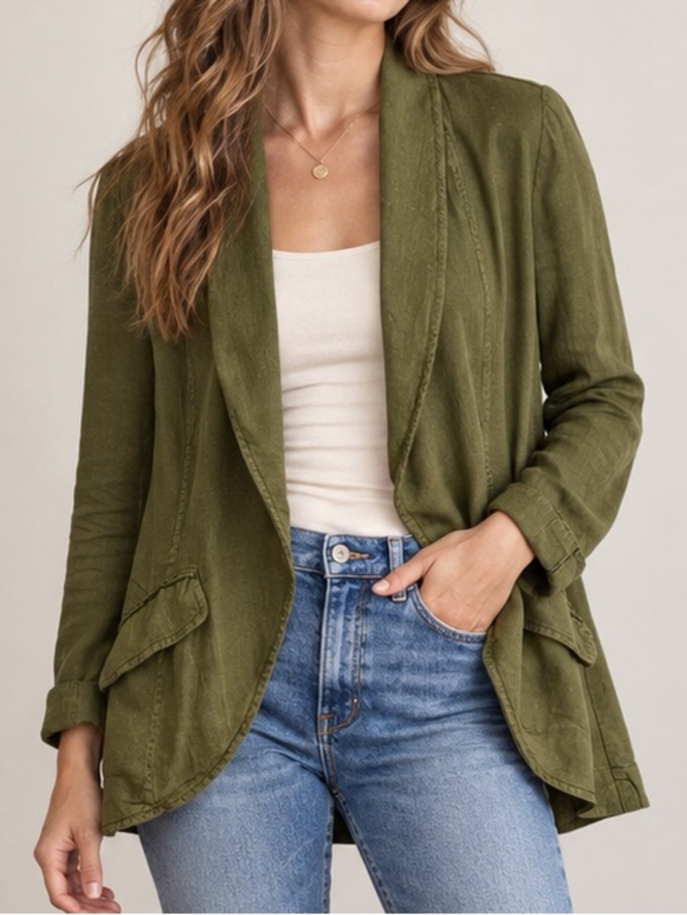 Free People Olive Draped Open Front Utility Jacket Boho Fall Layer Small